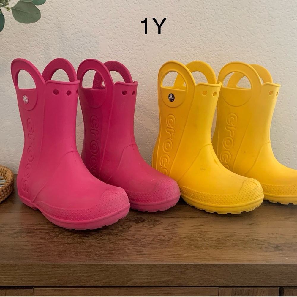 CROCS Kids Vibrant Pink and Yellow Boots - Picture 2 of 4